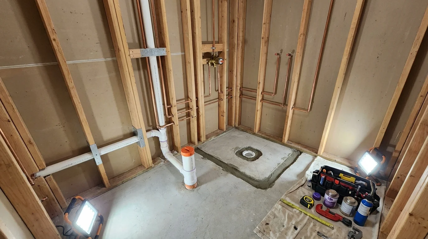 Bathroom rough-in plumbing during remodel by Johns Plumbing LLC in Janesville