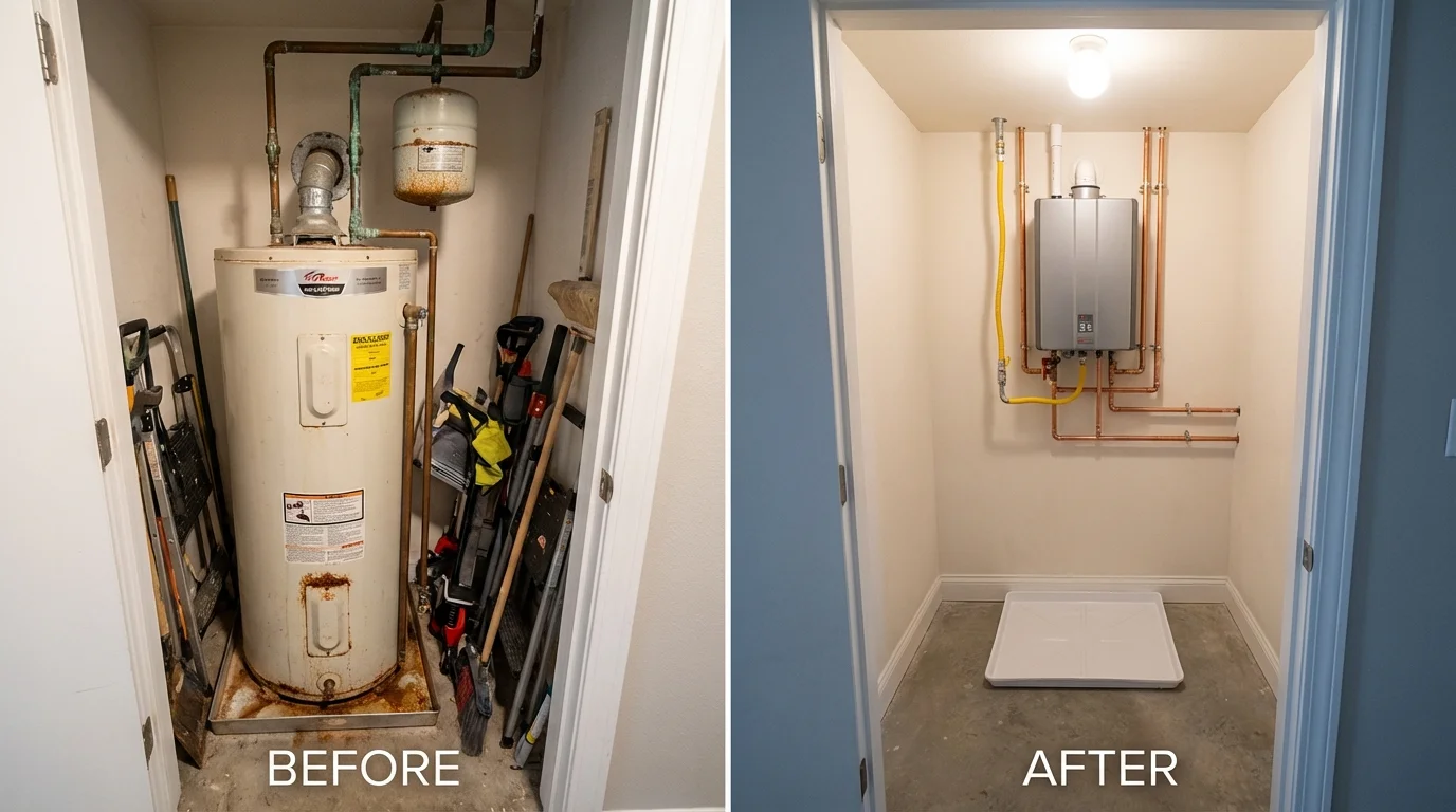 Tank water heater versus wall-mounted tankless unit comparison for Janesville, MN homeowners