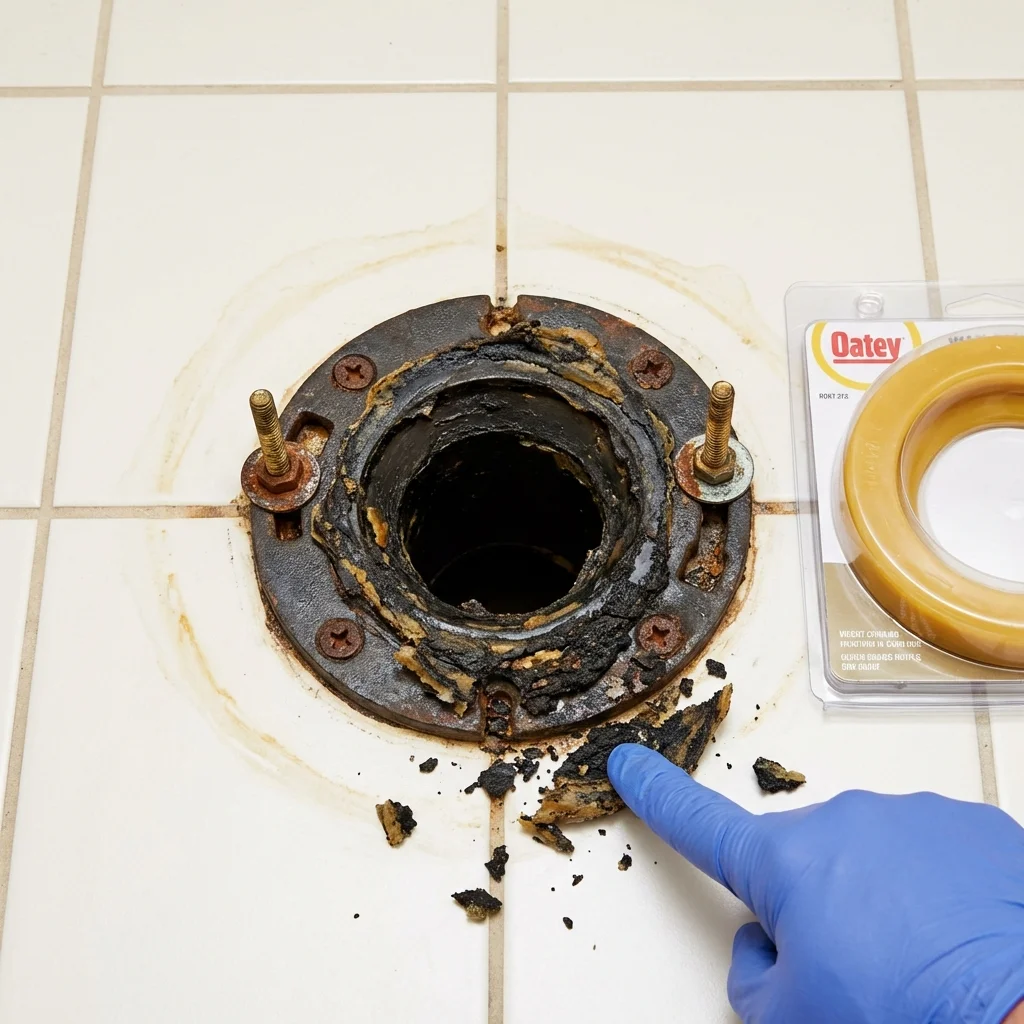 Failed wax ring showing water seepage at the base of a toilet in a Janesville, MN home