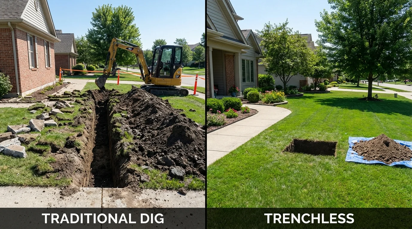 Trenchless sewer repair with minimal yard damage versus traditional excavation in Janesville, MN