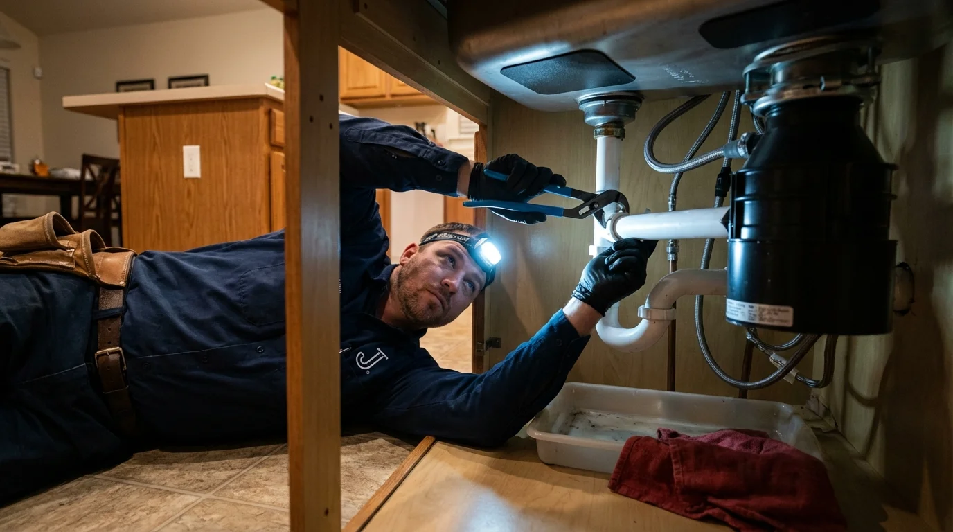 P-trap and supply line connections under a kitchen sink showing a common leak point in Janesville, MN